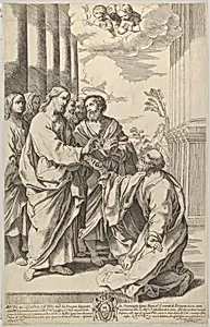 Christ giving the keys of the church to Saint Peter who kneels before him, after Guido Reni by Gian Battista Bolognini|Guido Reni