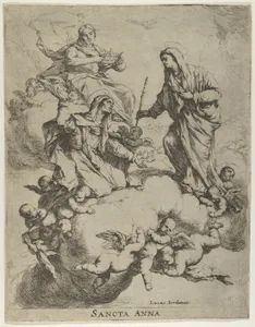 Christ holding a crown upper left, at right the Virgin receiving Saint Anne in Heaven