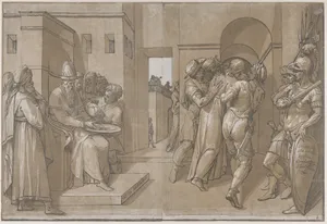 Christ is being led away, soldiers stand at the right (right side of sheet)