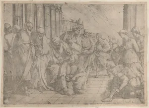 Christ kneels and writes on the pavement at center, while the woman taken in adultery stands between three soldiers at right
