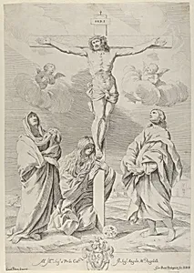 Christ on the cross, Saint John the Baptist at right, Mary Magdelene and the Virgin at left, after Reni by Guido Reni|Gian Battista Bolognini