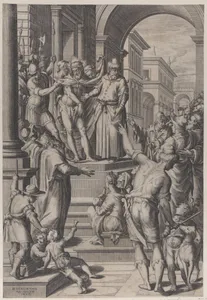 Christ presented to the people by Pilate, standing atop stairs at left with a crowd at right