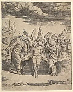 Christ seated on the tomb supported by angels by Master of the Die|Raphael (Raffaello Sanzio or Santi)