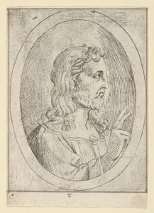Christ seen in profile facing right, making the sign of blessing with his right hand, in an oval frame, from "Christ, the Virgin, and Thirteen Apostles"