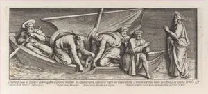 Christ speaking with Saint Peter, who kneels before him in adoration and with his hands joined in prayer, while the Apostles draw up their nets behind him, after Raphael's Stanza dell'incendio del Borgo, from a series of 15 plates, depicting Raphael's works for the Vatican stanze and the Sistine Chapel tapestries