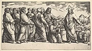 Christ standing at left indicating to a flock of sheep, before him kneels St. Peter holding the keys to the church, behind him to the left stand the Apostles by Master of the Die|Raphael (Raffaello Sanzio or Santi)