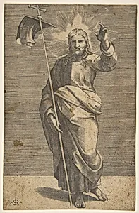 Christ standing facing forward, holding a cross with a banner and raising his left hand by Raphael (Raffaello Sanzio or Santi)|Marco Dente|Marcantonio Raimondi