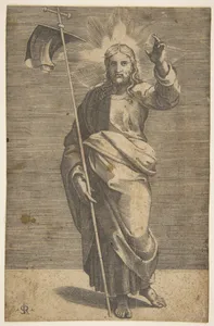 Christ standing facing forward, holding a cross with a banner and raising his left hand