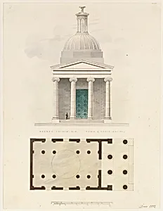 Church of the French Protestants (Eglise Français du Saint Esprit), New York (front elevation and plan) by Alexander Jackson Davis|Ithiel Town