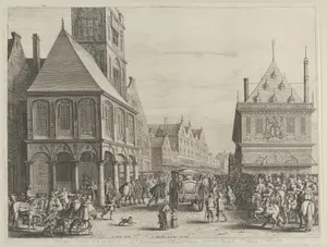 City magistrates taking leave of Marie de Medici before the town hall, from Caspar Barlaeus, "Medicea Hospes"