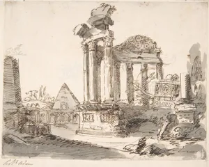 Classical Landscape with Ruins (recto); Two men in Roman military dress (verso)