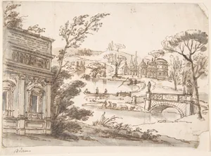 Classical Landscape with Temples (recto); Indecipherable sketch, possibly of a seated figure (verso)