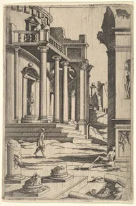 Classizing Landscape with Three Figures, from a series of architectural ruins with figures, in reverse after prints by Jacques Androuet Ducerceau after Léonard Thiry