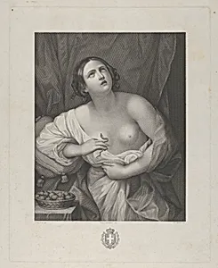 Cleopatra looking upwards while holding an asp in her right hand and clutching at her stomach with her left, a bowl of figs at left, after Reni by Francesco Pieraccini|Giovanni Rivera|Guido Reni