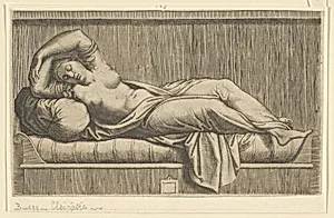 Cleopatra, partly naked laying on a bed by Marcantonio Raimondi|Anonymous|Raphael (Raffaello Sanzio or Santi)