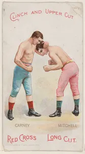 Clinch and Upper Cut, Jemmy Carney and Jemmy Mitchell, from the Boxing Positions and Boxers series (N266) issued by P. Lorillard Company to promote Red Cross Long Cut Tobacco