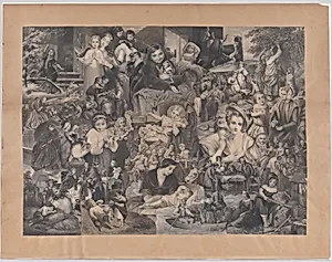 Collage of printed elements centered on Women, Children, Family and Rural Life by Illman Brothers
