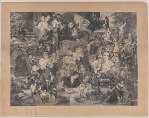 Collage of printed elements centered on Women, Children, Family and Rural Life