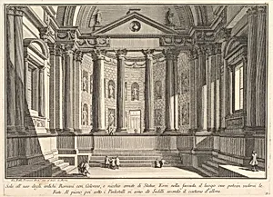 Colonnaded hall according to the custom of the ancient Romans, and niches adorned with statues (Sala all'uso degli antichi Romani con Colonne, e nicchie ornate di Statue), from "Prima Parte di Architettura, e Prospettive" by Giovanni Battista Piranesi