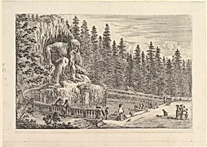 Colossal statue of the Appenino by Giambologna to left, represented as a giant crouching at the entrance of a grotto, ramps to either side, a pond below, various figures, dogs, and birds to right, from 'Views of the villa at Pratolino' (Vues de la villa de Pratolino) by Stefano della Bella
