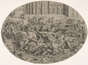 Combat between Amazons and men in front of architectural arcades, an oval composition with weapons, headgear, and bodies strewn along the bottom margin