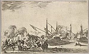 Combat between several rowboats and ships, two groups of men in rowboats fighting to left, two ships full of combatants to right, other ships and clouds of smoke in the background, from 'Set of eight nautical landscapes' (Suite de huit Marines) by Stefano della Bella|Reverend J. Burleigh James