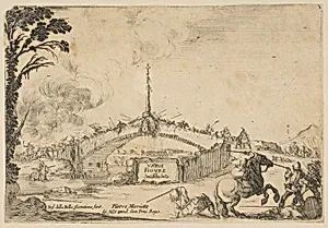 Combat on a bridge, a horseman and two footsoldiers battle with swords at bottom right, one footsoldier on the ground to left of the horseman, various soldiers with swords on the bridge in the background, French coat of arms displayed in center of bridge, title page of "Varie figure" by Stefano della Bella|Pierre Mariette le fils