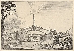 Combat on a bridge, a horseman and two footsoldiers battle with swords at bottom right, one footsoldier on the ground to left of the horseman, various soldiers with swords on the bridge in the background, French coat of arms displayed in center of bridge, title page of 'Varie figure' by Stefano della Bella|François Langlois