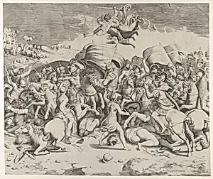 Constantine defeating the tyrant Maxentius, angels carrying swords fly above by Giulio Bonasone|Giulio Romano|Raphael (Raffaello Sanzio or Santi)