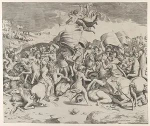 Constantine defeating the tyrant Maxentius, angels carrying swords fly above