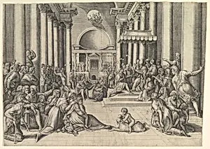 Constantine Presenting the City of Rome to the Holy See, at right, many spectators throughout, a child playing with a dog in the foreground by Battista Franco|Raphael (Raffaello Sanzio or Santi)