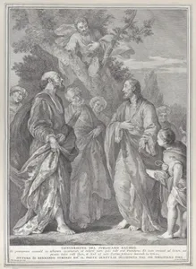 Conversion of Zacchaeus, with Christ at right addressing the tax collector, who is seated in a tree at top center