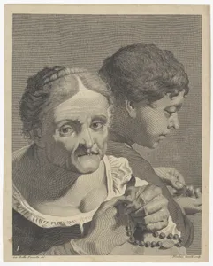 Copy in reverse of an old woman with a rosary and a boy counting coins; plate 10 from 'Icones ad vivum expressae' after Giovanni Battista Piazzetta
