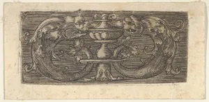 Copy of a Panel with Two Dolphins Facing a Vessel at Center