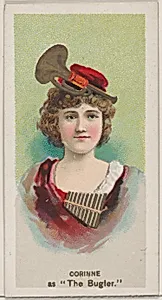 Corinne as "The Bugler," from the series Fancy Dress Ball Costumes (N73) for Duke brand cigarettes by W. Duke, Sons & Co.|Knapp & Company