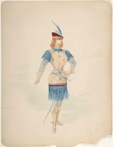 Costume Design for a Cavalier (?) in Blue and Burgundy with Feathered Cap and Sword