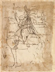 Costume design for Jacopo Giraldi, depicted on horse back