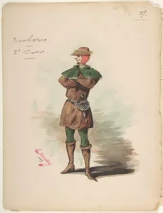 Costume Design for "Touchstone" [a]; Descriptive Sheet of Costume and Accessories [b]