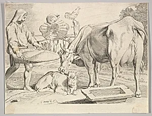 Country Scene with a Peasant, Cow and Calf by Claude Mellan
