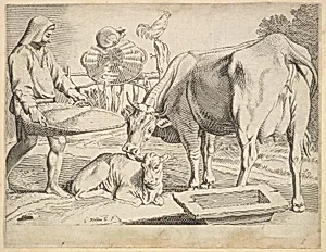 Country Scene with a Peasant, Cow and Calf by Claude Mellan