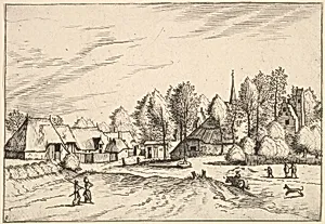 Country Village with Church Tower from Multifariarum casularum ruriumque lineamenta curiose ad vivum expressa by Johannes van Doetecum I|Lucas van Doetecum|The Master of the Small Landscapes|Pieter Bruegel the Elder|Cornelis Cort|Hieronymus Cock