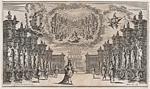 Courtyard of a palace with a man standing at center surrounded by attendants; above, a vision of a woman in a similar scene; set design from 'Il Pomo D'Oro' by Ludovico Ottaviano Burnacini|Mathäus Küsel