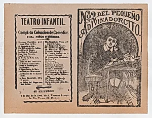 Cover for 'Del Pequeño Adivinadorcito', a young boy resting his head on his hand and writing at a desk by José Guadalupe Posada|Antonio Vanegas Arroyo