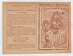 Cover for 'Nuevo Oraculo ó sea El Libro del Porvenír', an old women seated at a table and reading someone's fortune from cards by Antonio Vanegas Arroyo|José Guadalupe Posada