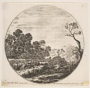 Cows crossing a valley at left, a horseman and other cows in the background, plate 6 from "Roman landscapes and ruins" (Paysages et ruines de Rome) by Stefano della Bella|François Langlois