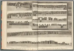 Cross-sections, which show the different aspects of the buildings shown in the plan of Pompeii [the preceding plate], from "Antiquités de Pompeïa, tome premier, Antiquités de la Grande Grèce..." (Antiquities of Pompeii, volume one, Antiquities of Great Greece...), volume 1, plate 3