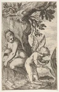 Cupid carves a wooden bow with a file, with his back turned toward Venus, from "Sport of Love" (Scherzi d'amore)