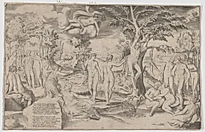 Cupid in the Elysian Fields tied to a tree in the centre, surrounded by many figures by Pietro Stefanoni|Giulio Bonasone