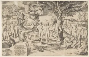 Cupid in the Elysian Fields tied to a tree in the center, surrounded by many figures