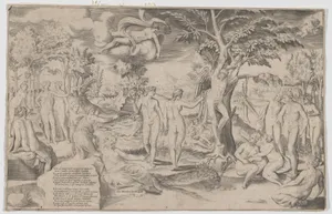 Cupid in the Elysian Fields tied to a tree in the centre, surrounded by many figures